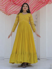 Precious Yellow Zari Embroidered Georgette Haldi Wear Gown
