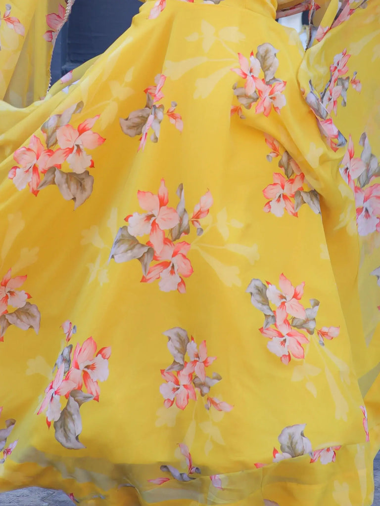 Awesome Yellow Floral Printed Silk Haldi Wear Gown With Dupatta