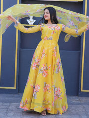 Awesome Yellow Floral Printed Silk Haldi Wear Gown With Dupatta