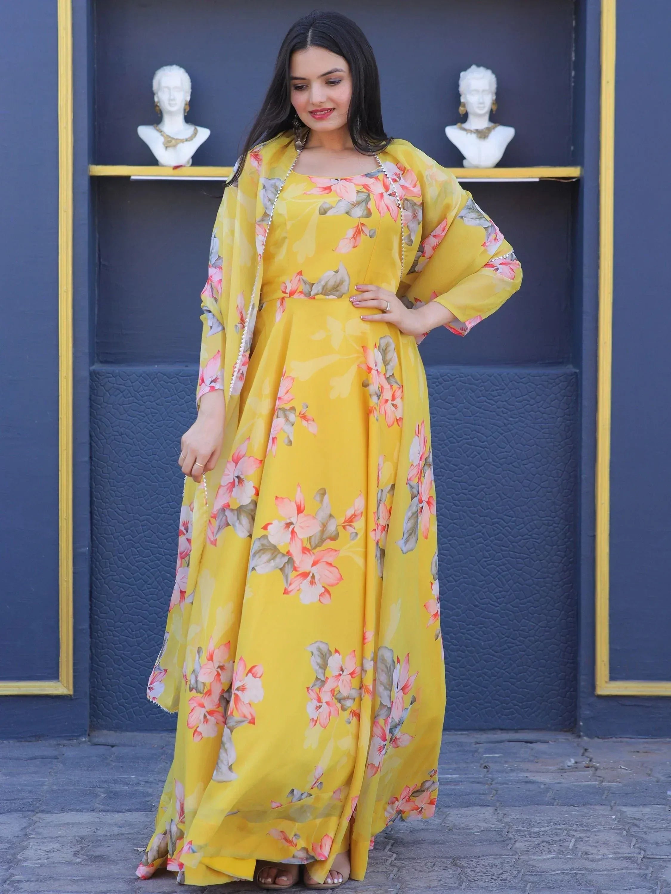 Yellow floral print ethnic gown with matching dupatta, stylish Indian wear for women