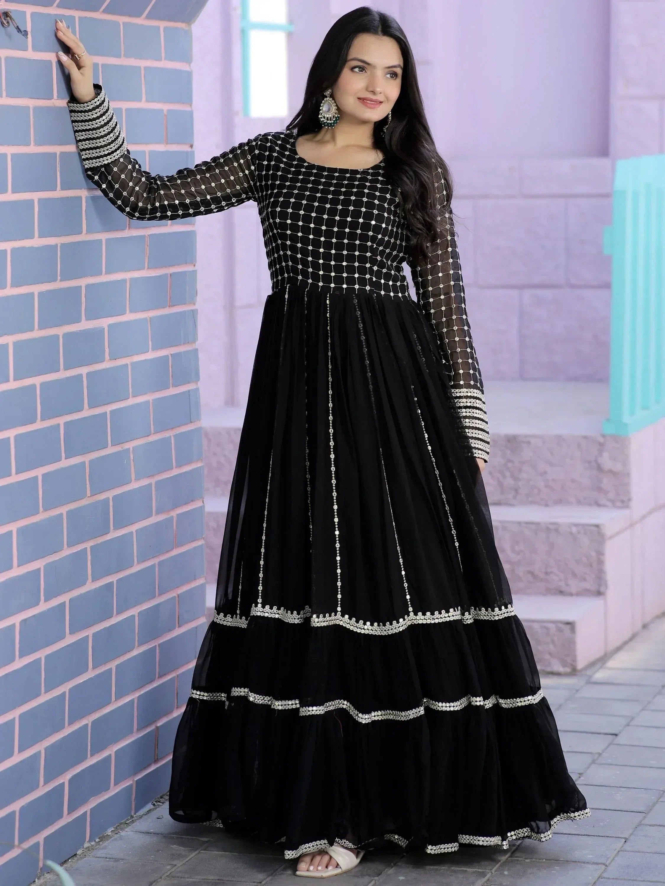 Black ethnic gown with silver embroidery, perfect for Indian festive wear and parties