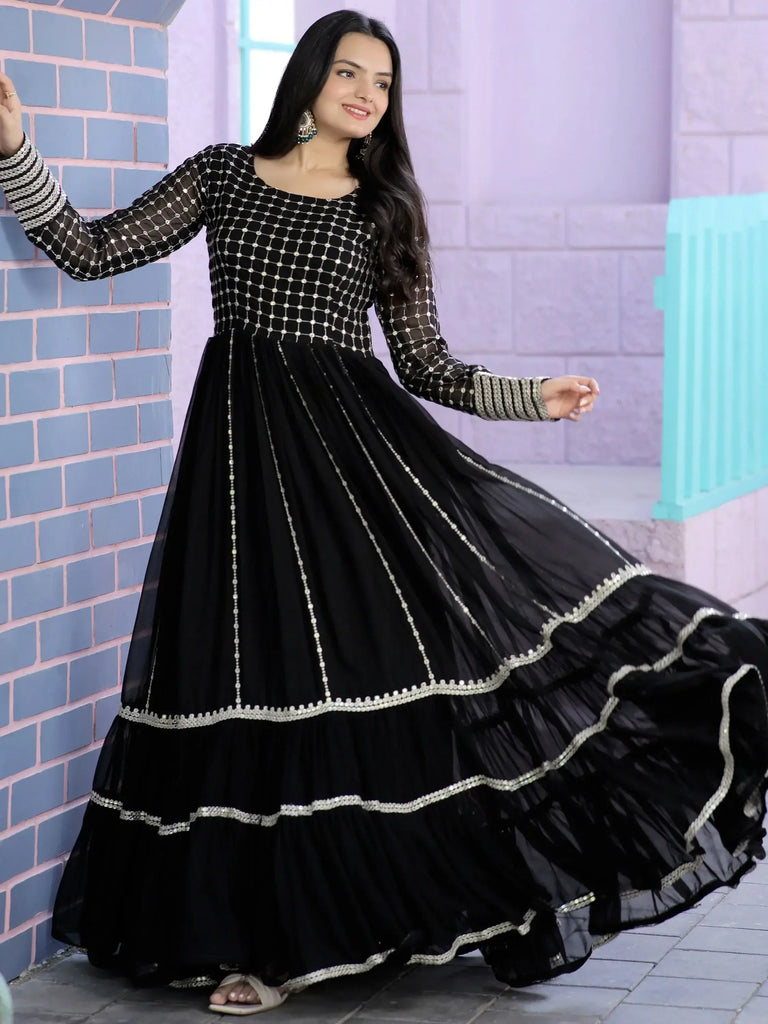 Wonderful Black Sequins Georgette Reception Wear Gown