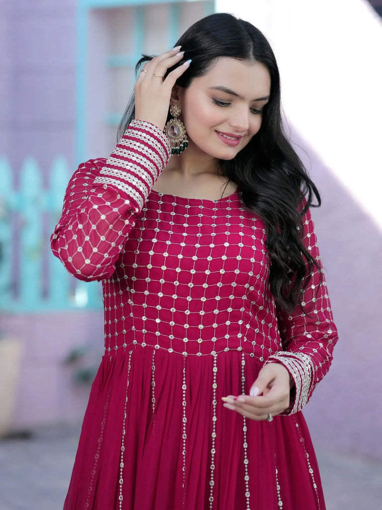 Astonishing Rani Pink Sequins Georgette Engagement Wear Gown