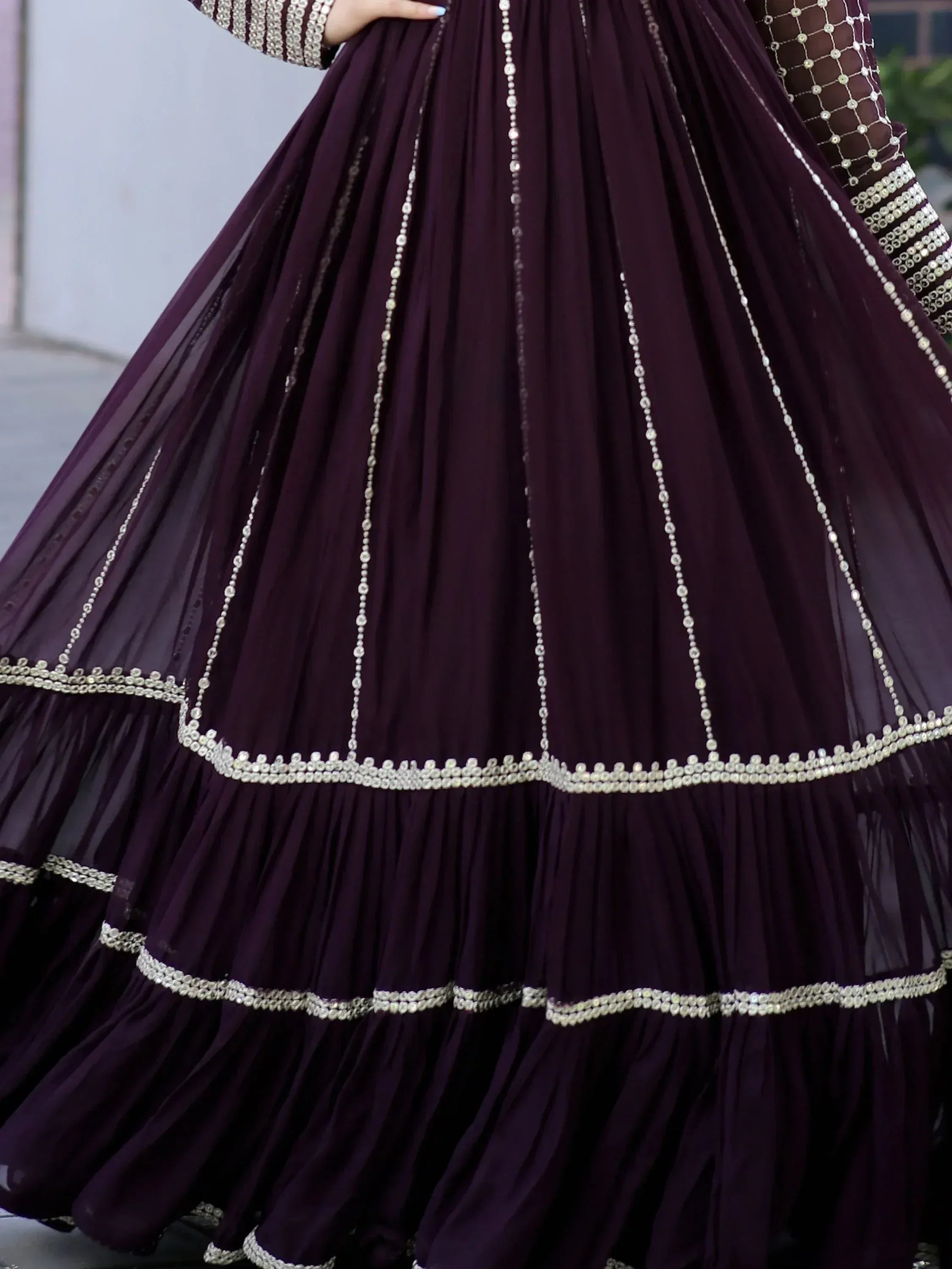 Purple pleated lehenga with silver mirror work and sequin detailing, ethnic Indian wear