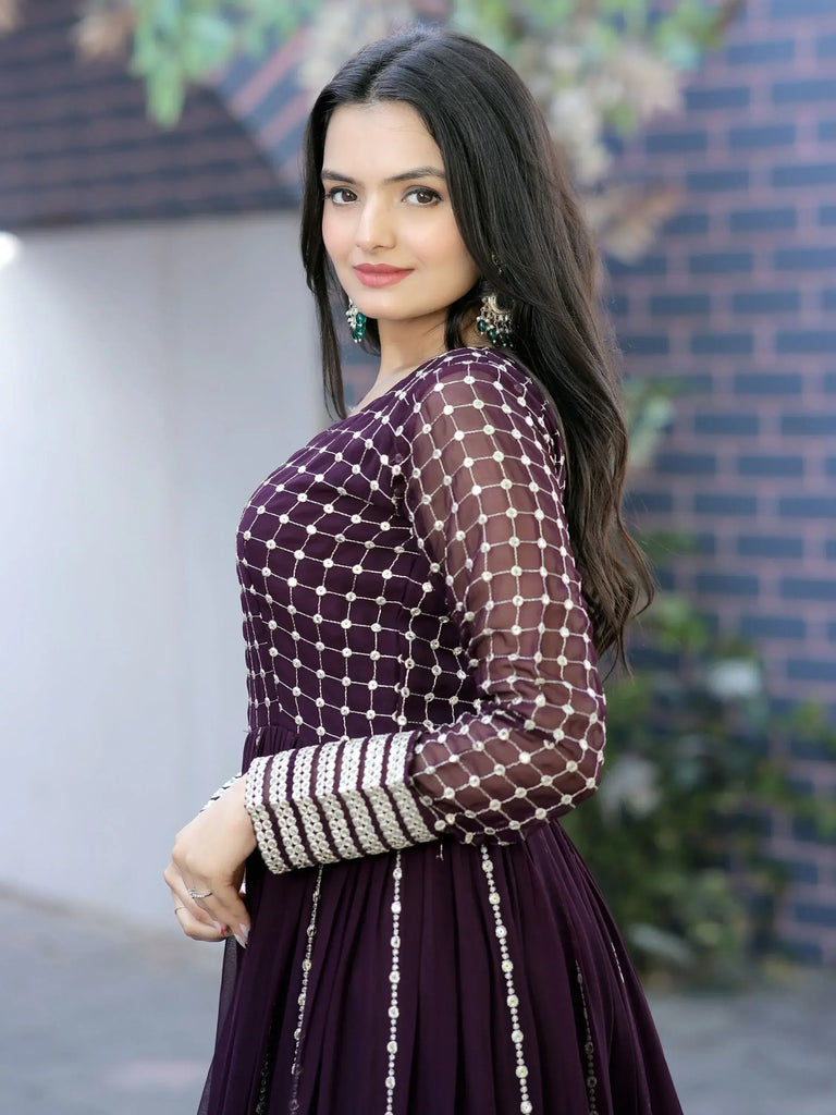 Outstanding Wine Sequins Georgette Function Wear Gown