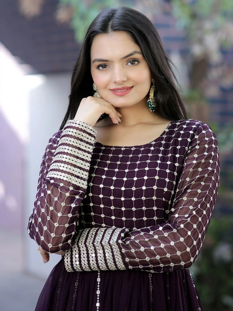 Outstanding Wine Sequins Georgette Function Wear Gown