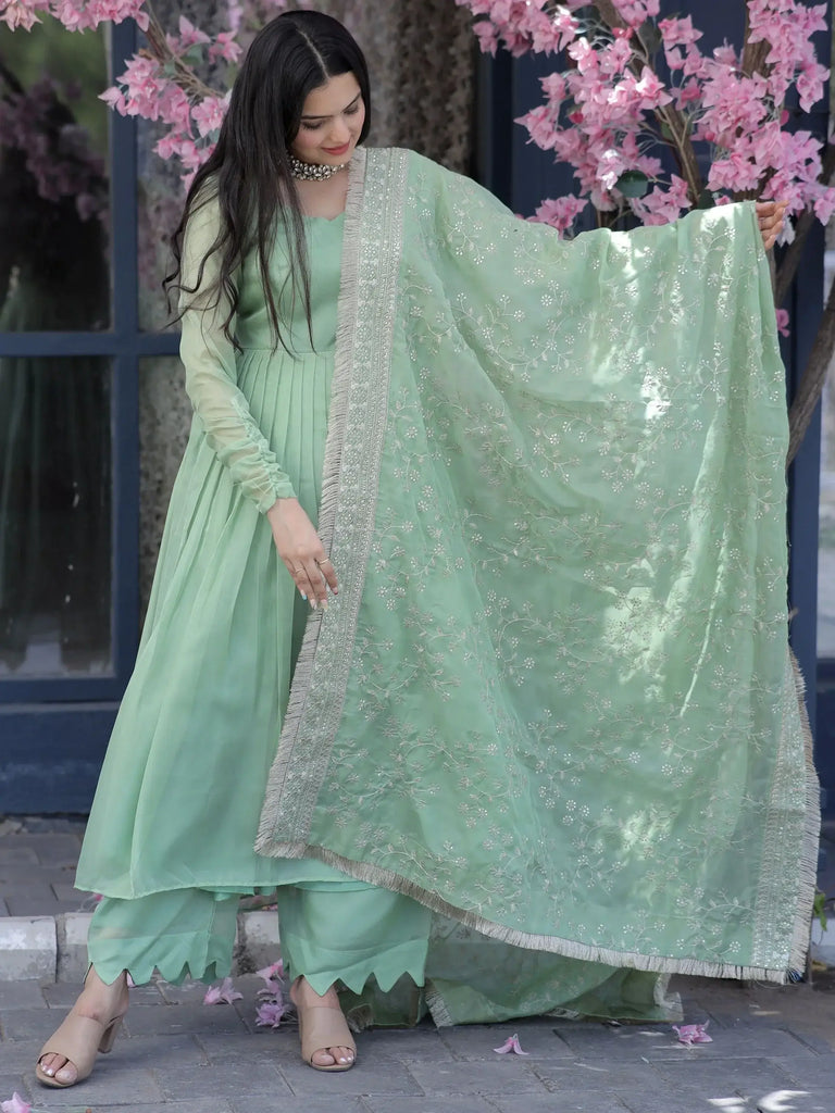 Fascinating Pista Green Silk Engagement Wear Palazzo Suit With Dupatta