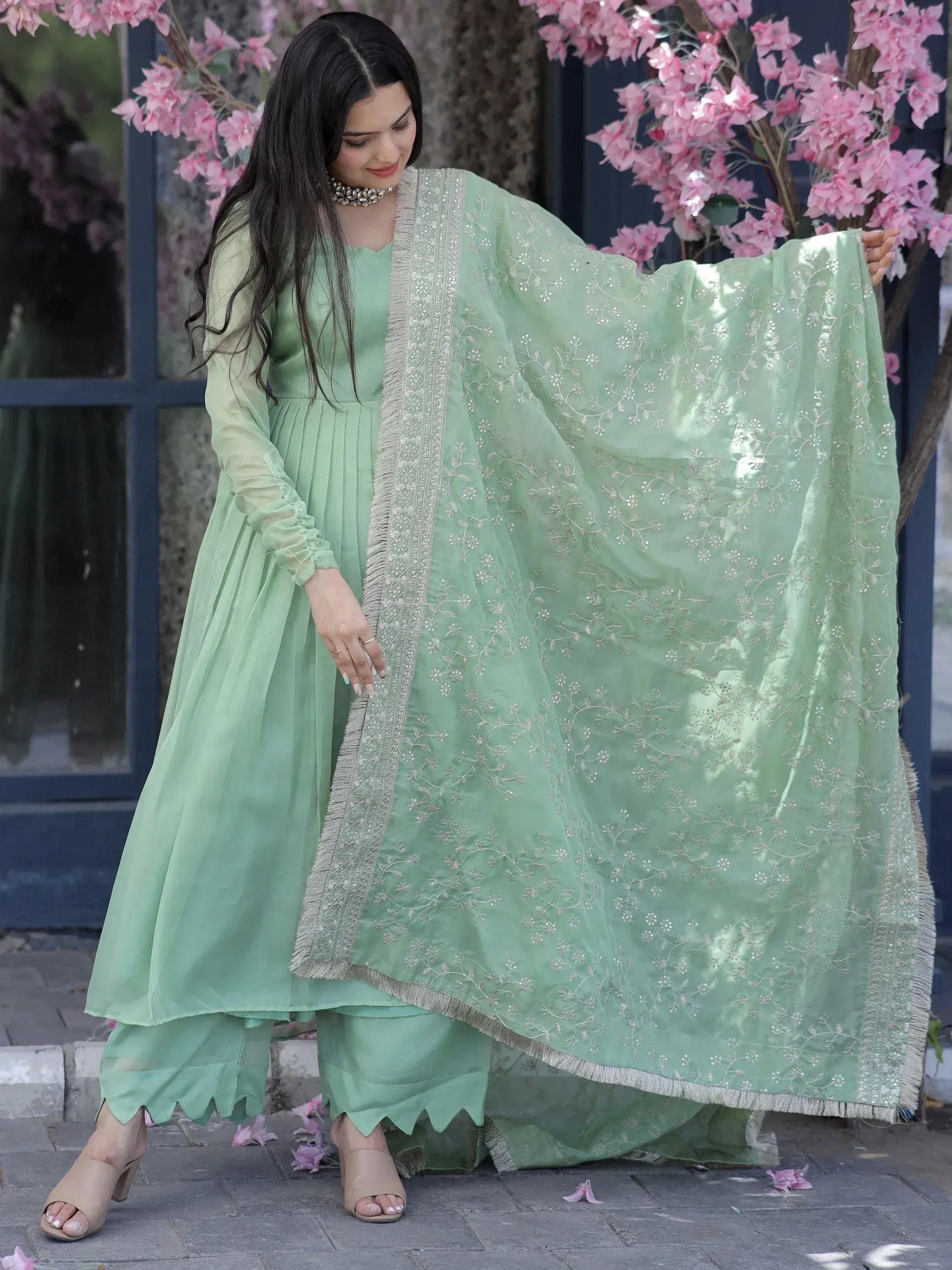 Mint green embroidered salwar kameez with dupatta, perfect for Indian ethnic wear occasions
