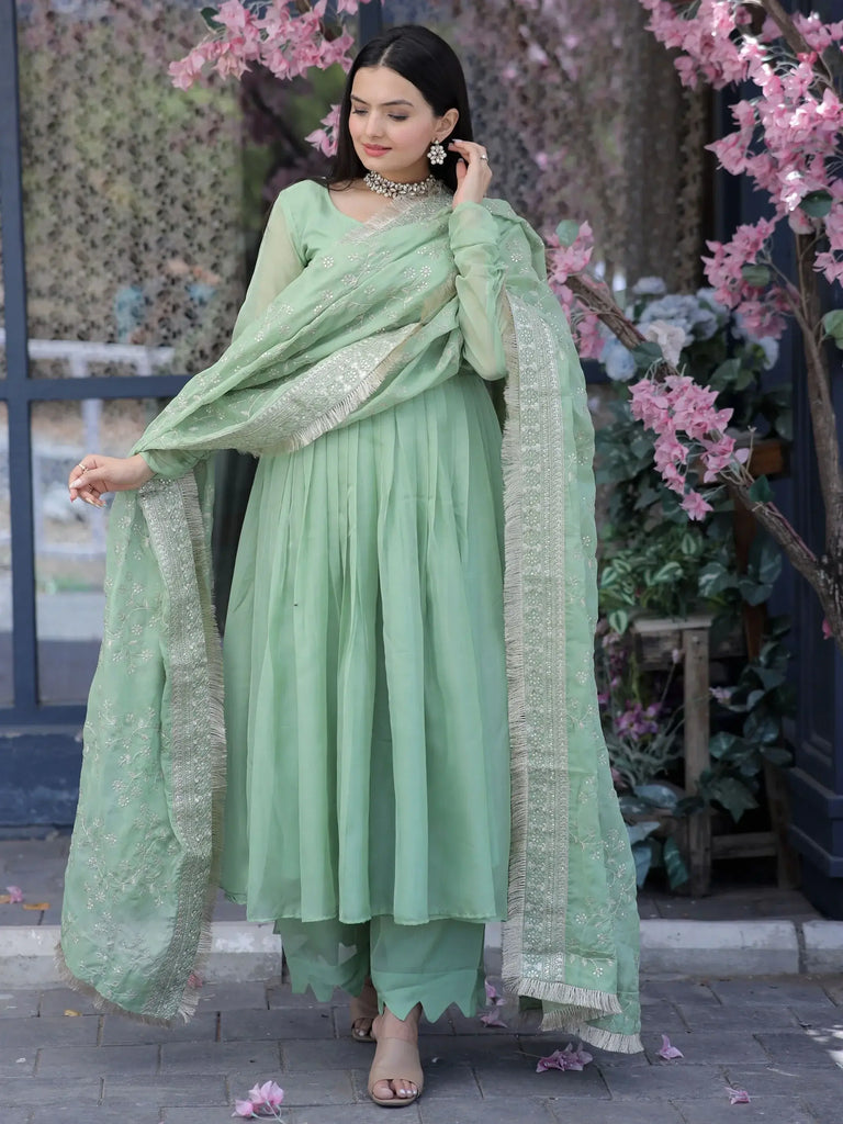 Fascinating Pista Green Silk Engagement Wear Palazzo Suit With Dupatta