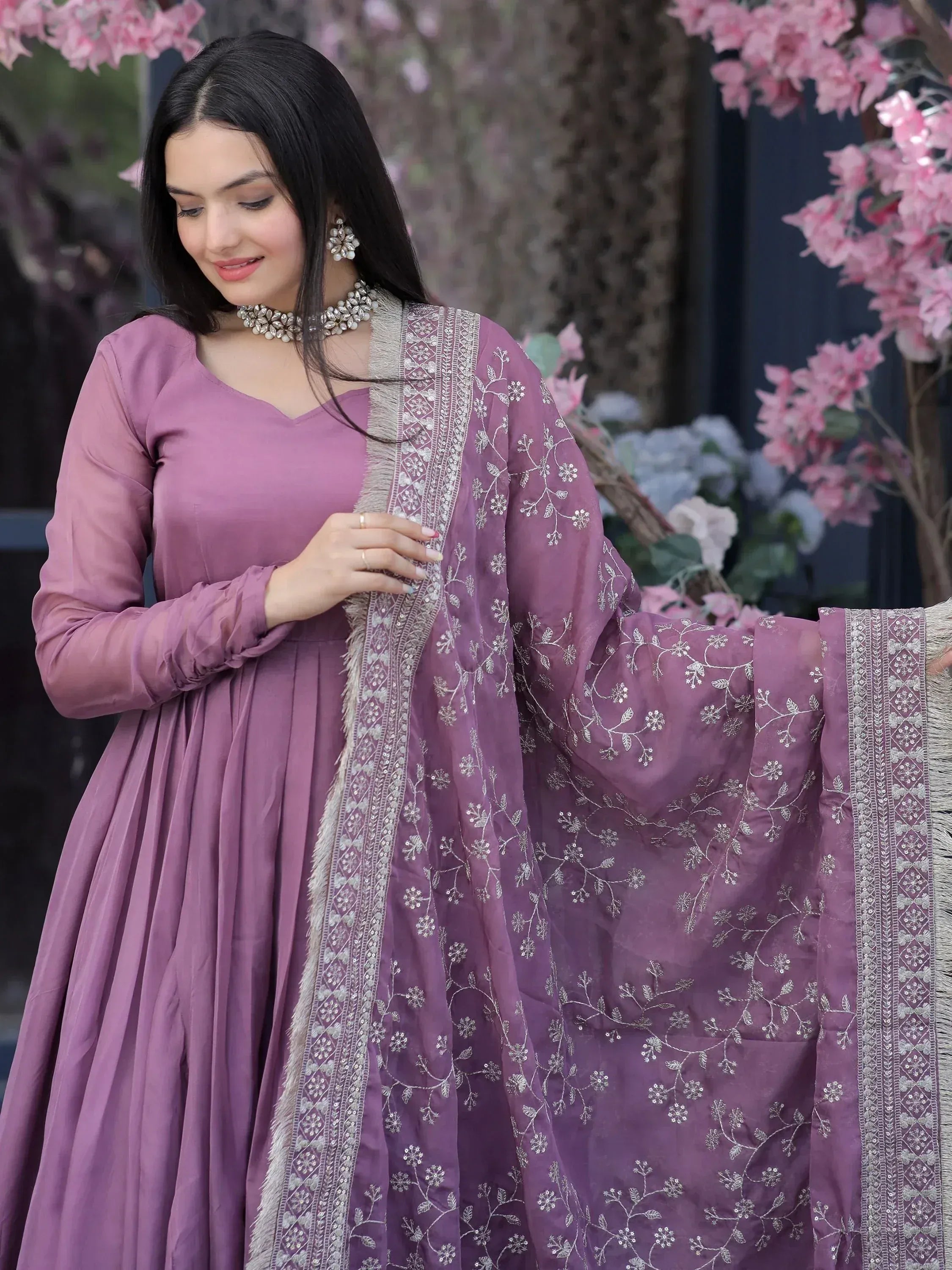 Purple embroidered anarkali suit with floral dupatta, perfect for Indian ethnic occasions