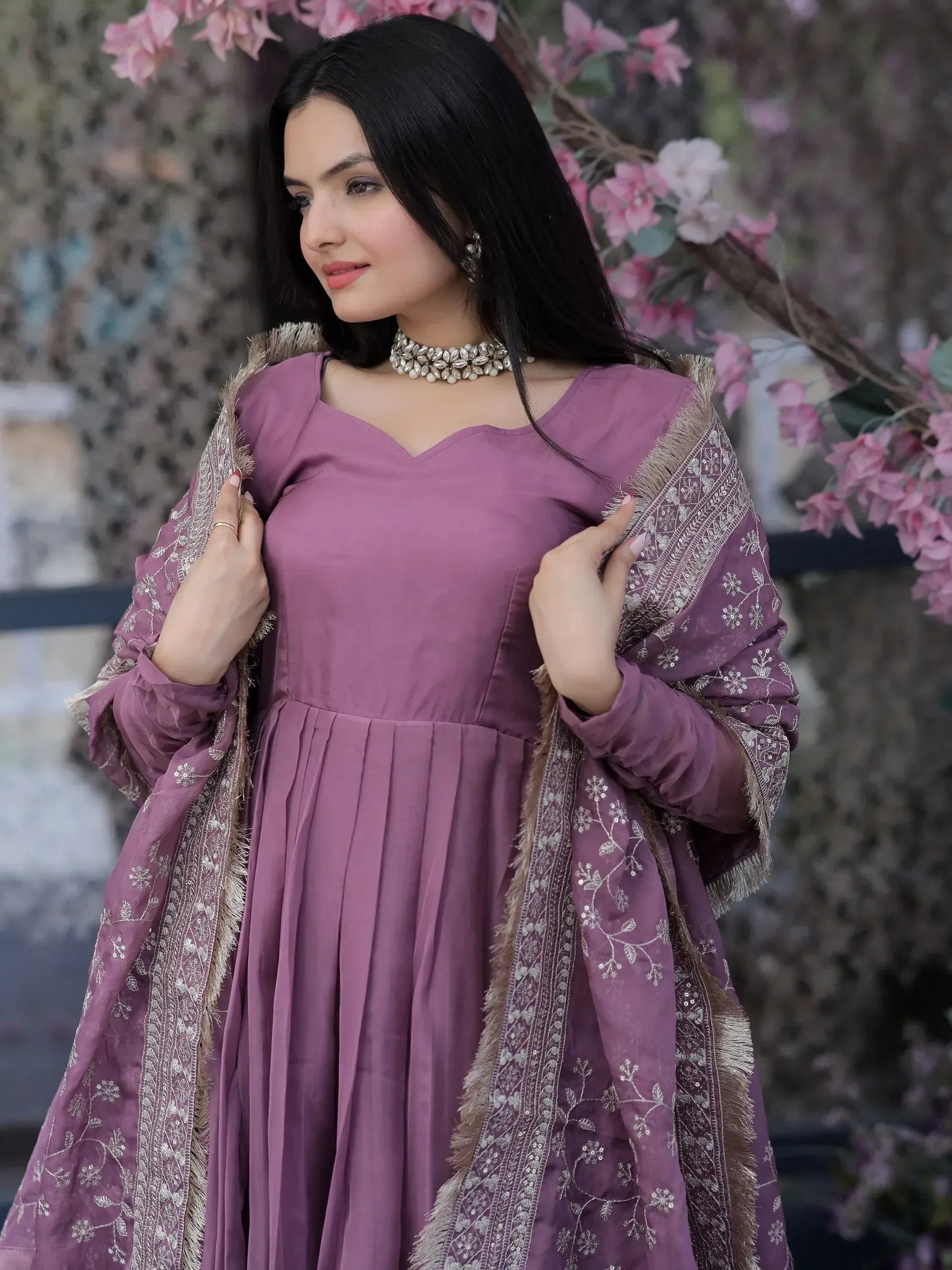Purple ethnic gown with embroidered dupatta, perfect for Indian occasions and festive wear