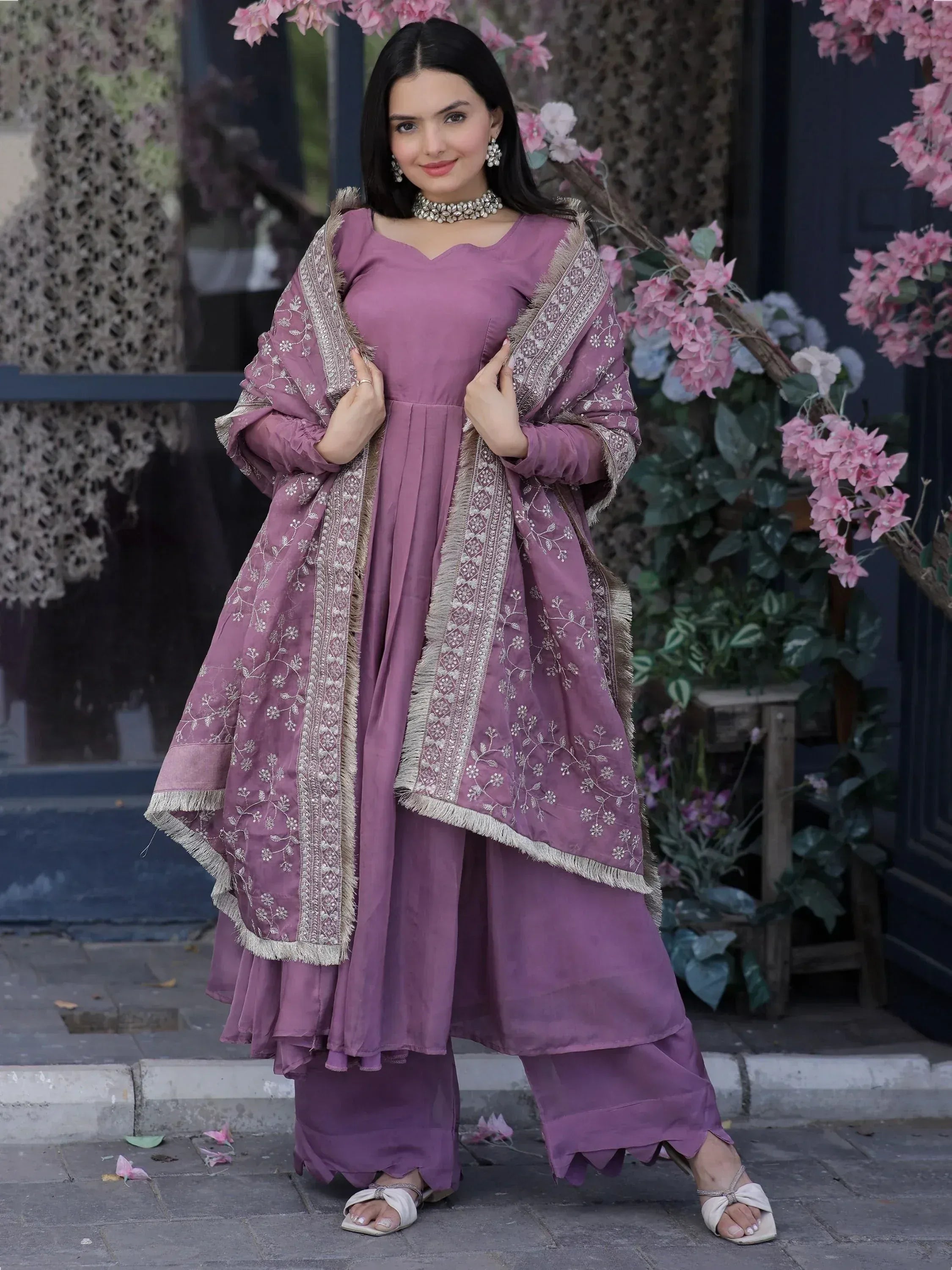 Purple embroidered salwar kameez with dupatta, Indian ethnic wear for women