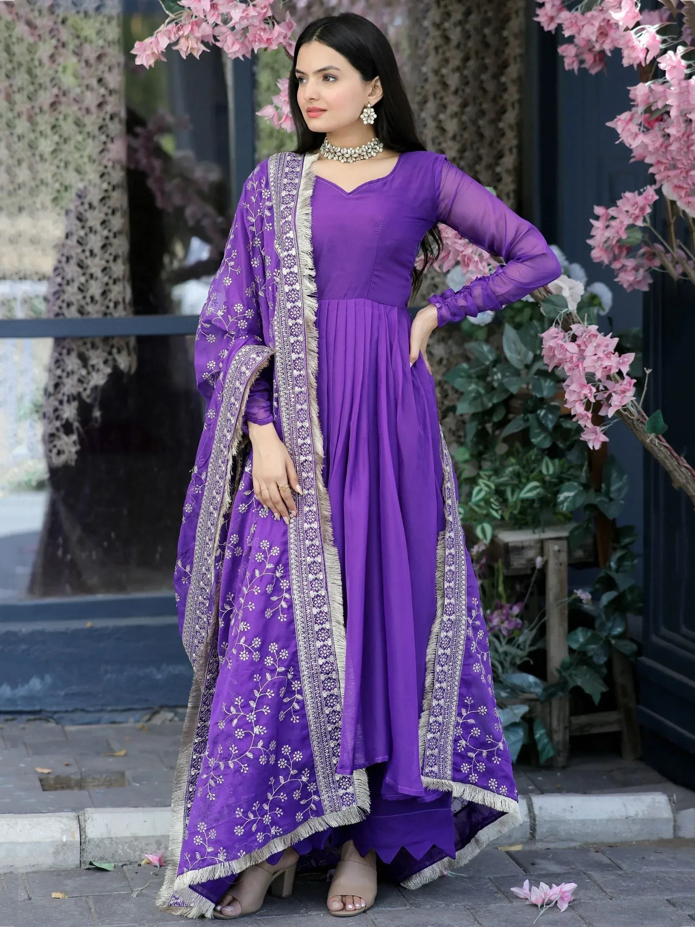 Purple ethnic gown with embroidered dupatta, perfect for Indian occasions and festive wear