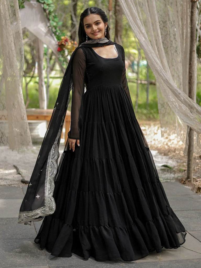 Enchanting Black Georgette Reception Wear Plain Gown With Dupatta