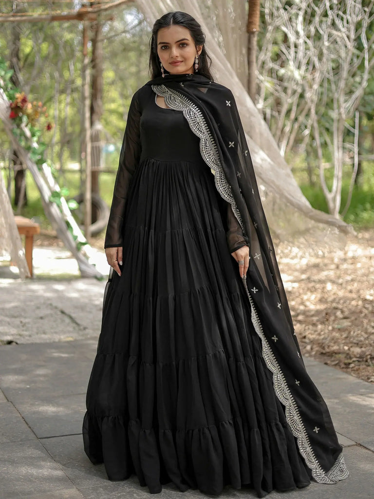 Enchanting Black Georgette Reception Wear Plain Gown With Dupatta