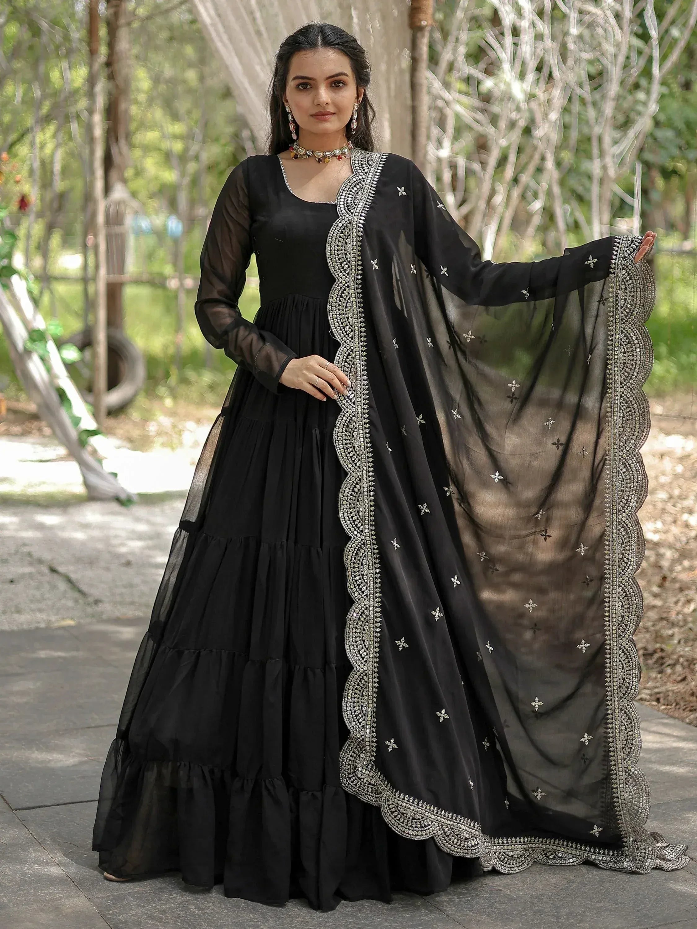 Black embroidered anarkali suit with sheer dupatta, Indian ethnic wear for women