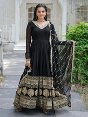 Beautiful Black Sequins Georgette Reception Wear Gown With Dupatta