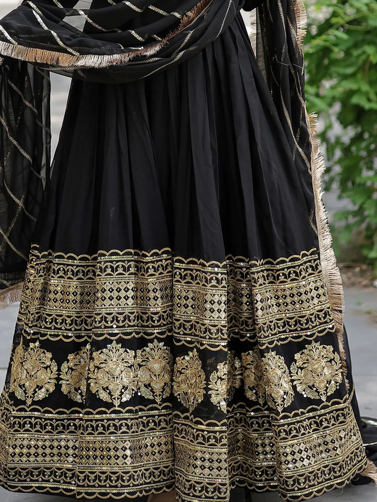 Beautiful Black Sequins Georgette Reception Wear Gown With Dupatta