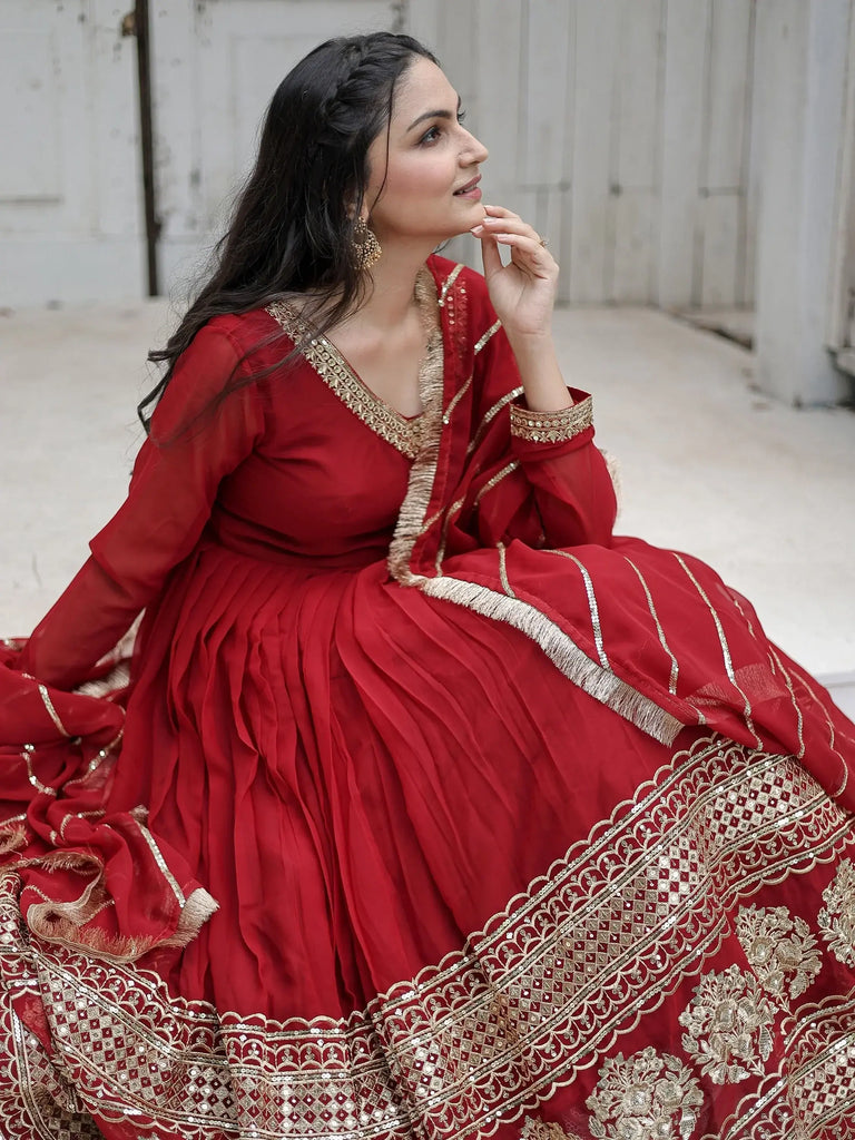 Gorgeous Maroon Sequins Georgette Function Wear Gown With Dupatta