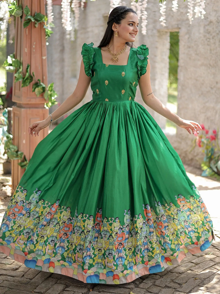 Bewitching Green Digital Printed Dola Silk Festival Wear Gown