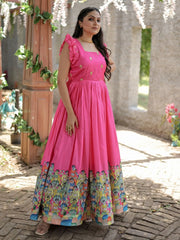 Enchanting Pink Digital Printed Dola Silk Traditional Gown