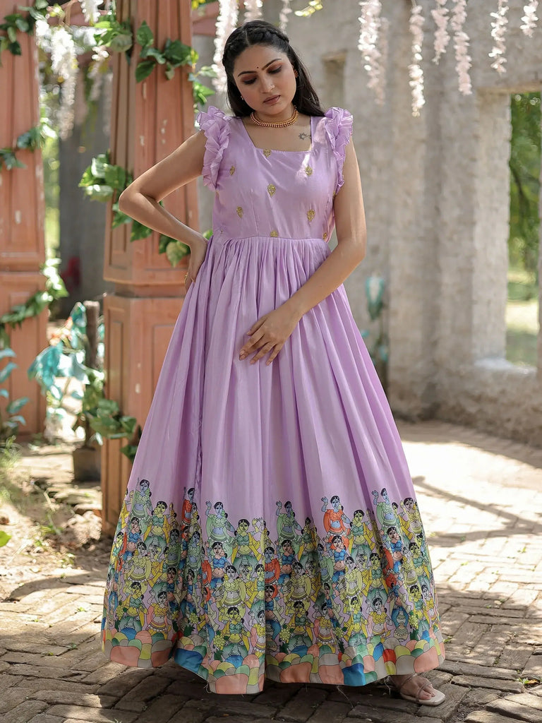 Captivating Lavender Digital Printed Dola Silk Event Wear Gown