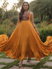 Mesmerizing Yellow Gamthi Work Rayon Navratri Wear Gown