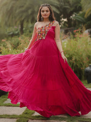 Fascinating Rani Pink Gamthi Work Rayon Designer Gown