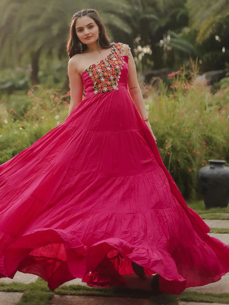 Fascinating Rani Pink Gamthi Work Rayon Designer Gown