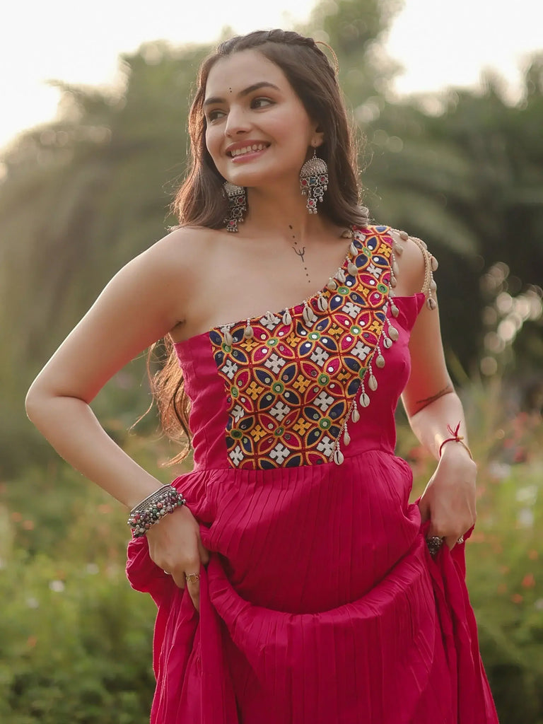 Fascinating Rani Pink Gamthi Work Rayon Designer Gown