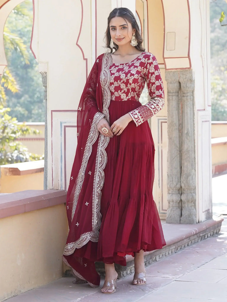 Glamorous Maroon Embroidered Jacquard Function Wear Gown