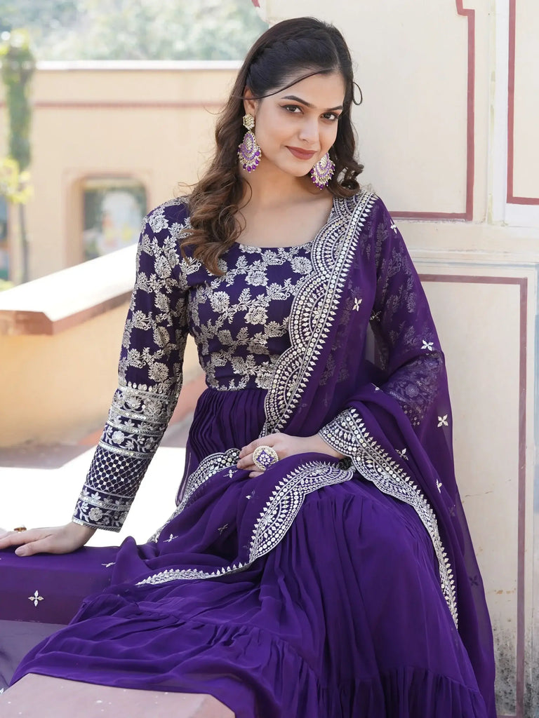 Bewitching Purple Embroidered Jacquard Event Wear Gown With Dupatta