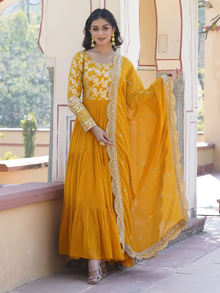 Mesmerizing Yellow Embroidered Jacquard Haldi Wear Gown