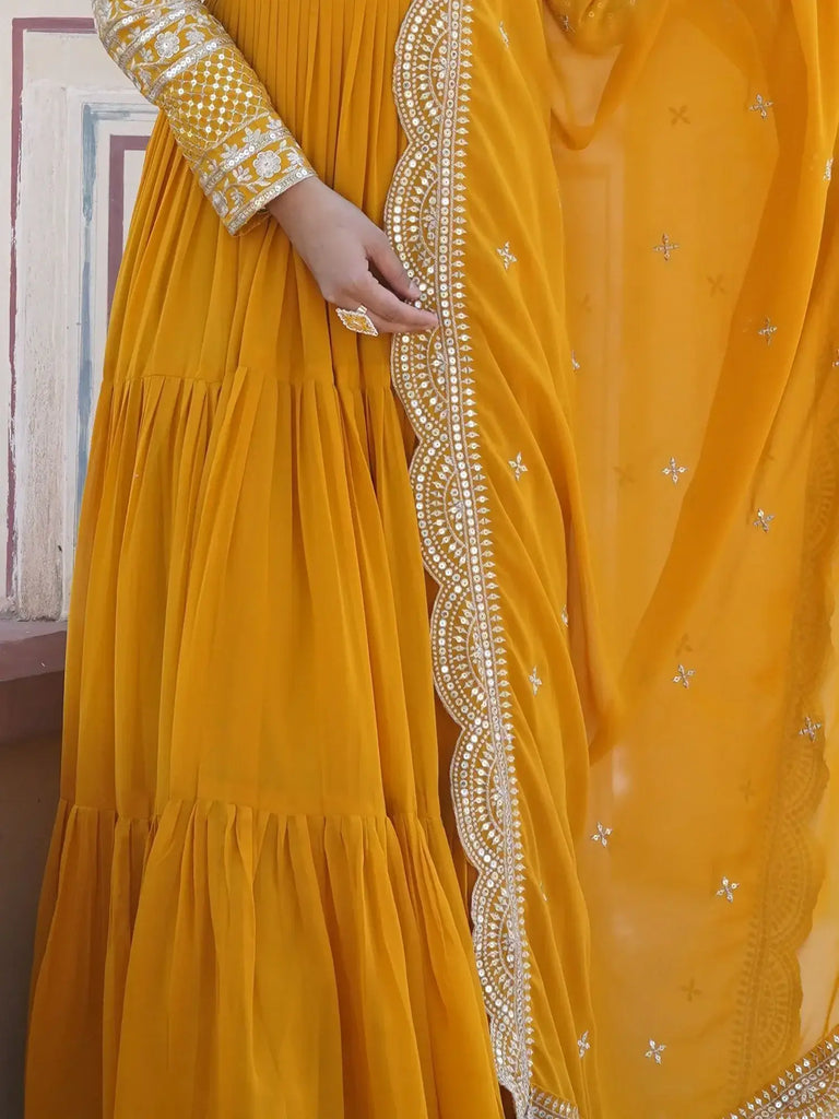 Mesmerizing Yellow Embroidered Jacquard Haldi Wear Gown