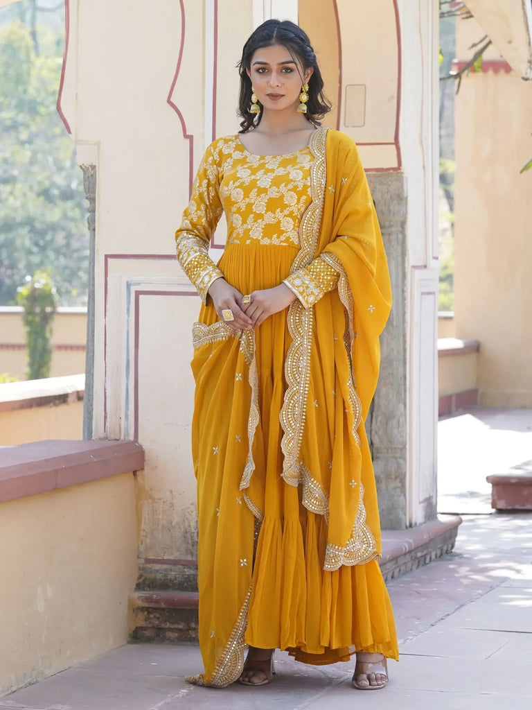 Mesmerizing Yellow Embroidered Jacquard Haldi Wear Gown