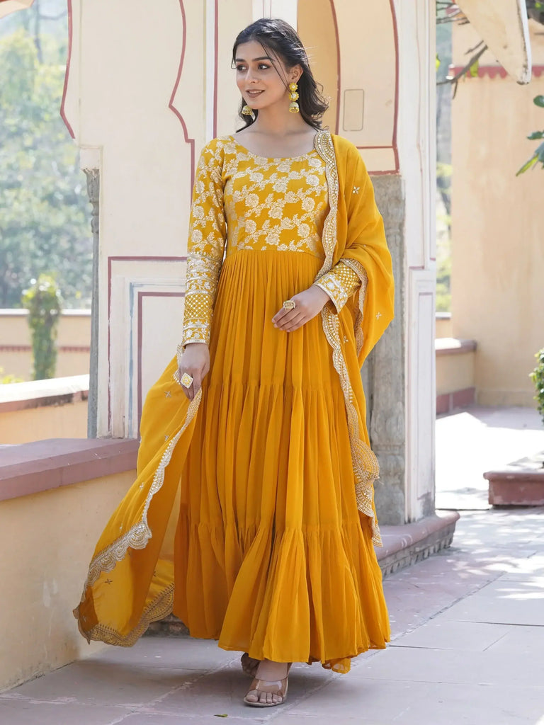 Mesmerizing Yellow Embroidered Jacquard Haldi Wear Gown