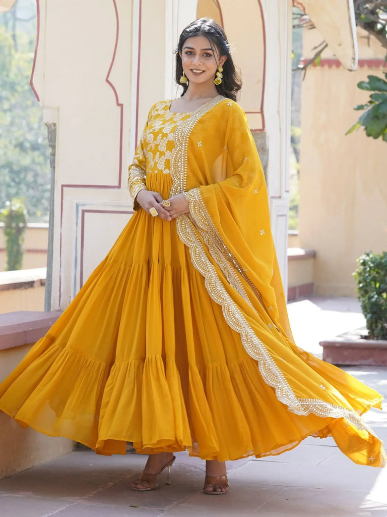 Mesmerizing Yellow Embroidered Jacquard Haldi Wear Gown