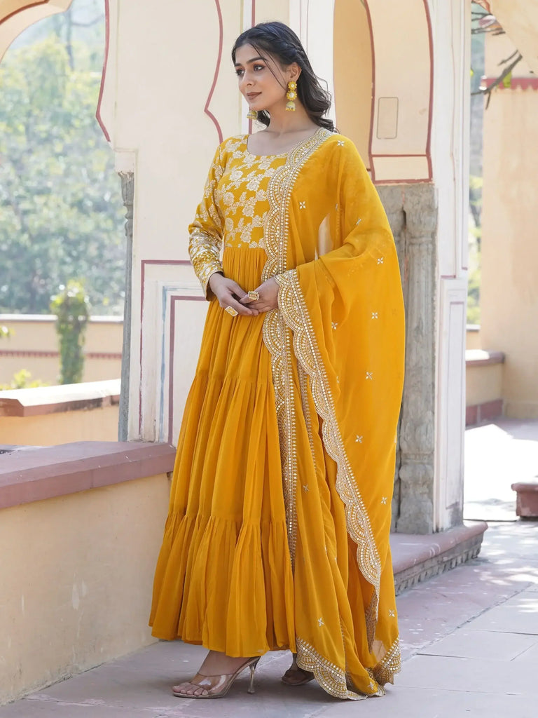 Mesmerizing Yellow Embroidered Jacquard Haldi Wear Gown