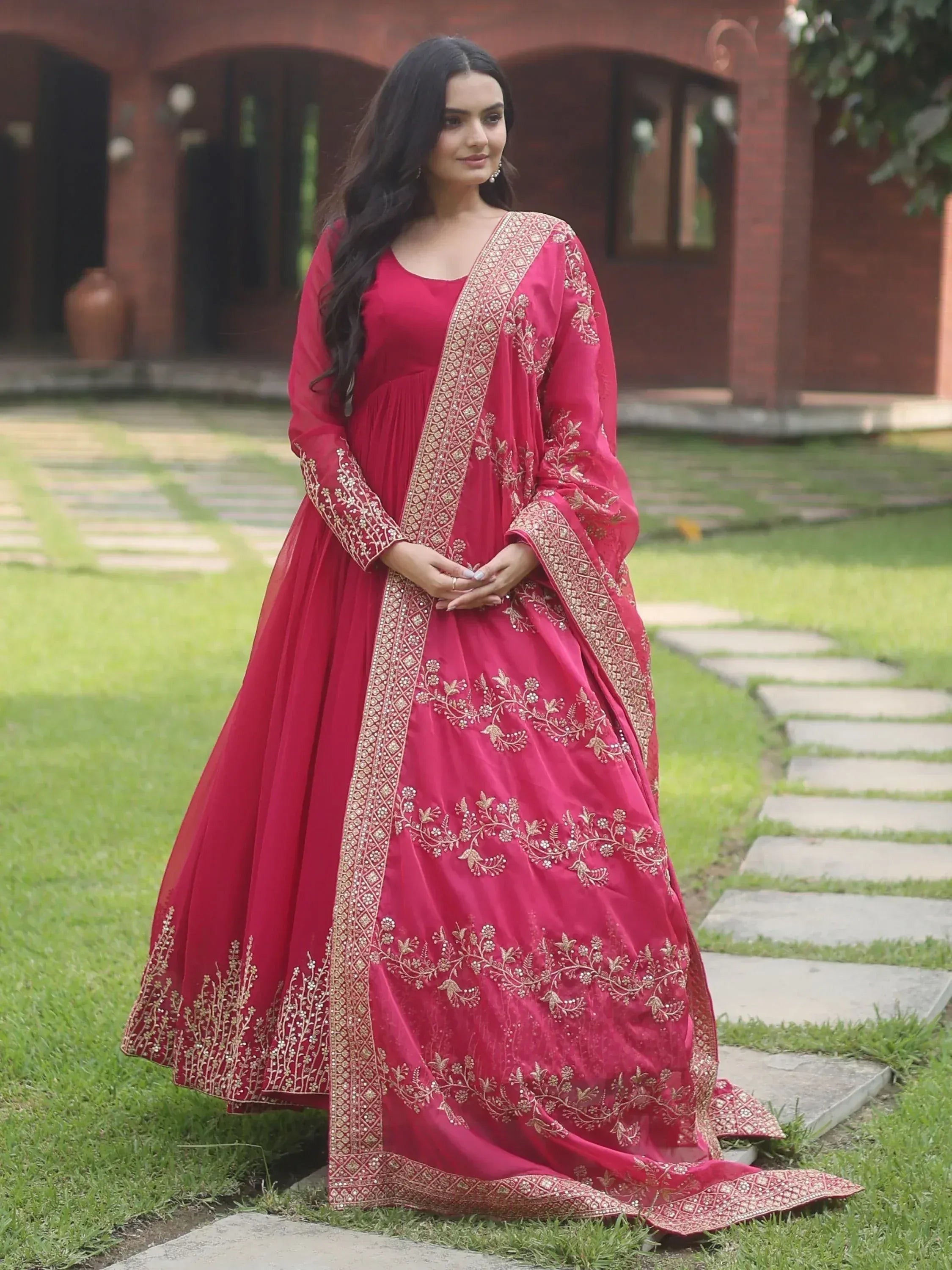 Red embroidered anarkali suit with gold detailing, perfect for Indian ethnic occasions