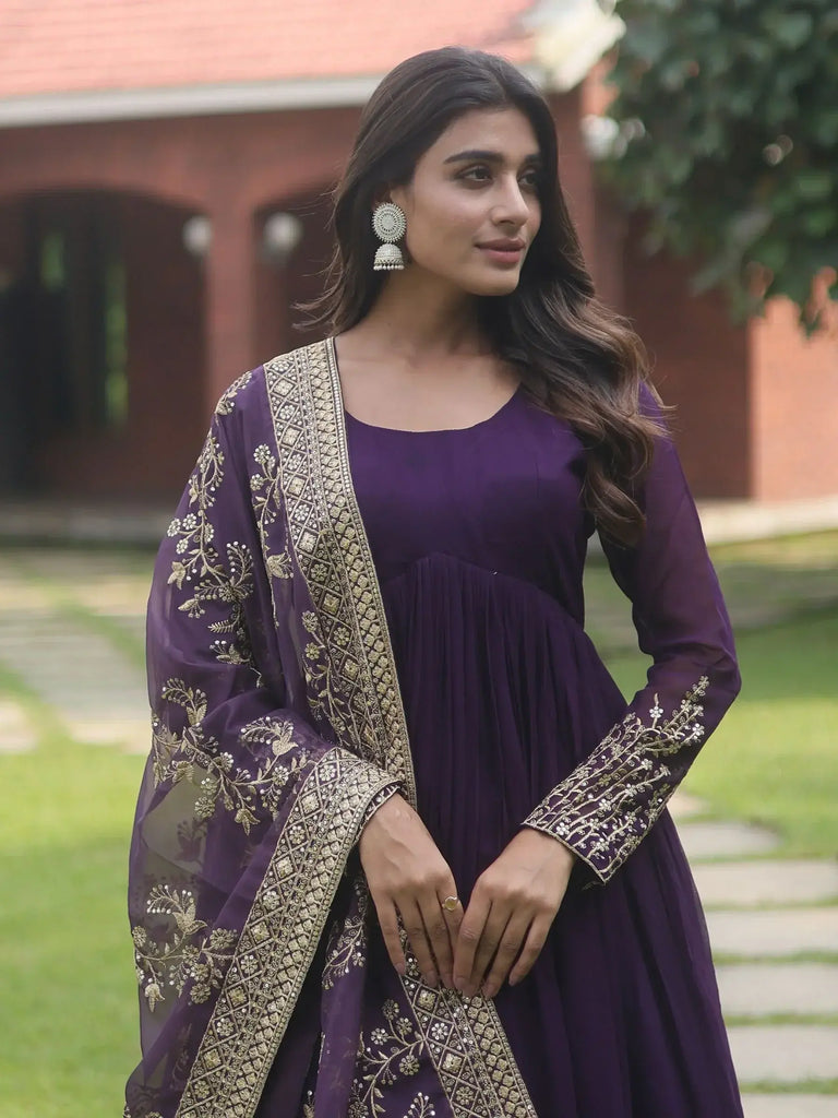 Beautiful Purple Embroidered Georgette Reception Wear Gown
