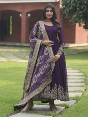 Beautiful Purple Embroidered Georgette Reception Wear Gown