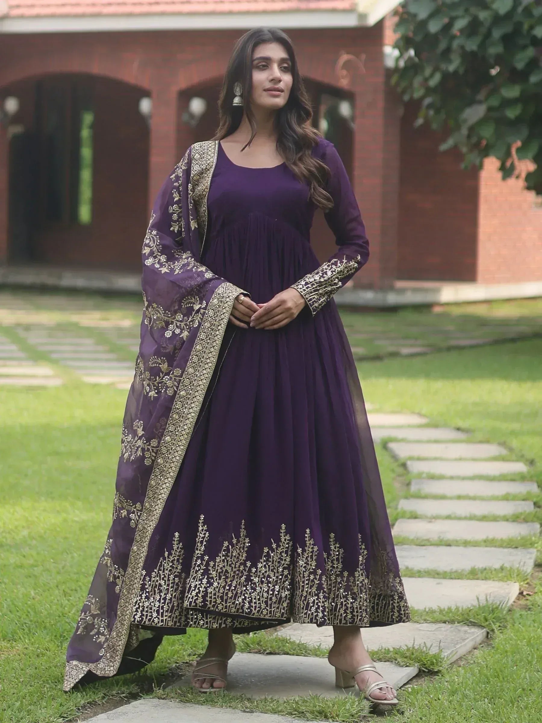 Purple embroidered anarkali suit with gold detailing, perfect for Indian ethnic wear occasions