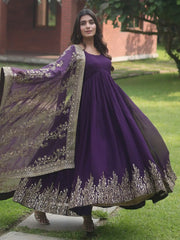 Beautiful Purple Embroidered Georgette Reception Wear Gown