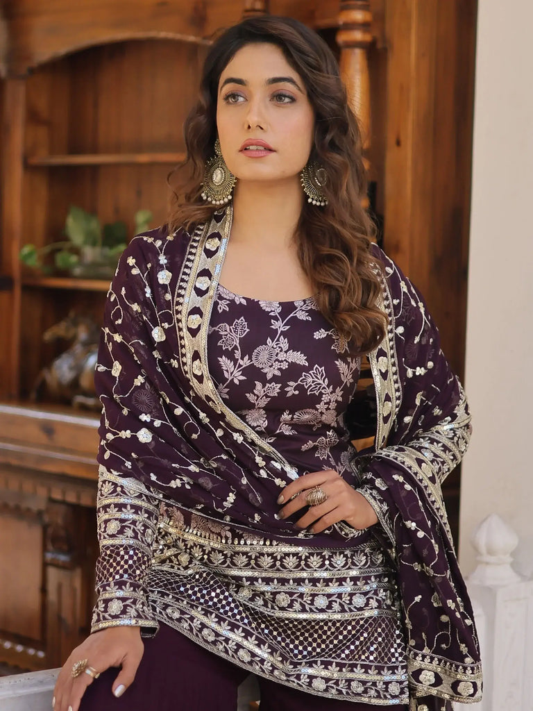 Attractive Wine Sequins Jacquard Wedding Wear Sharara Suit