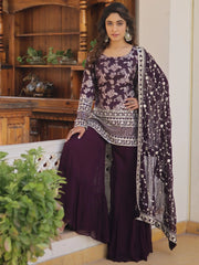 Attractive Wine Sequins Jacquard Wedding Wear Sharara Suit