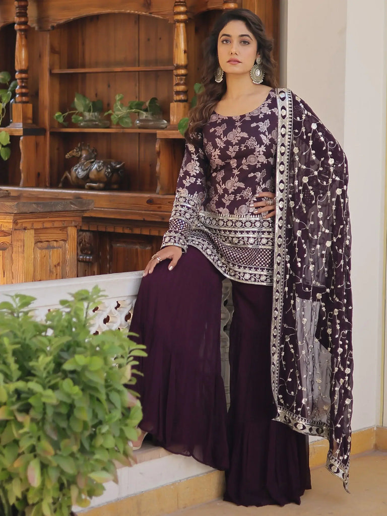 Attractive Wine Sequins Jacquard Wedding Wear Sharara Suit