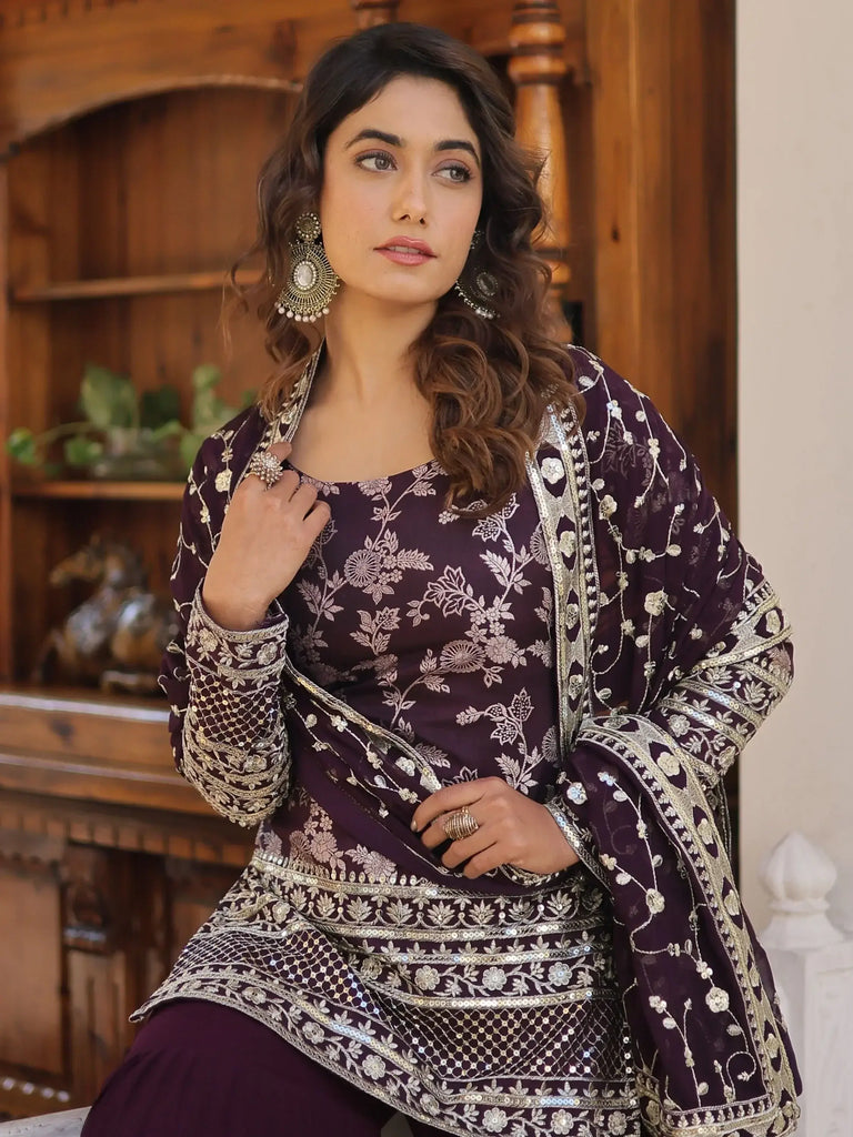 Attractive Wine Sequins Jacquard Wedding Wear Sharara Suit