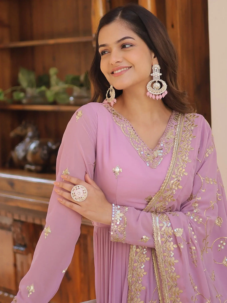 Pretty Light Purple Sequins Georgette Function Wear Gown With Dupatta
