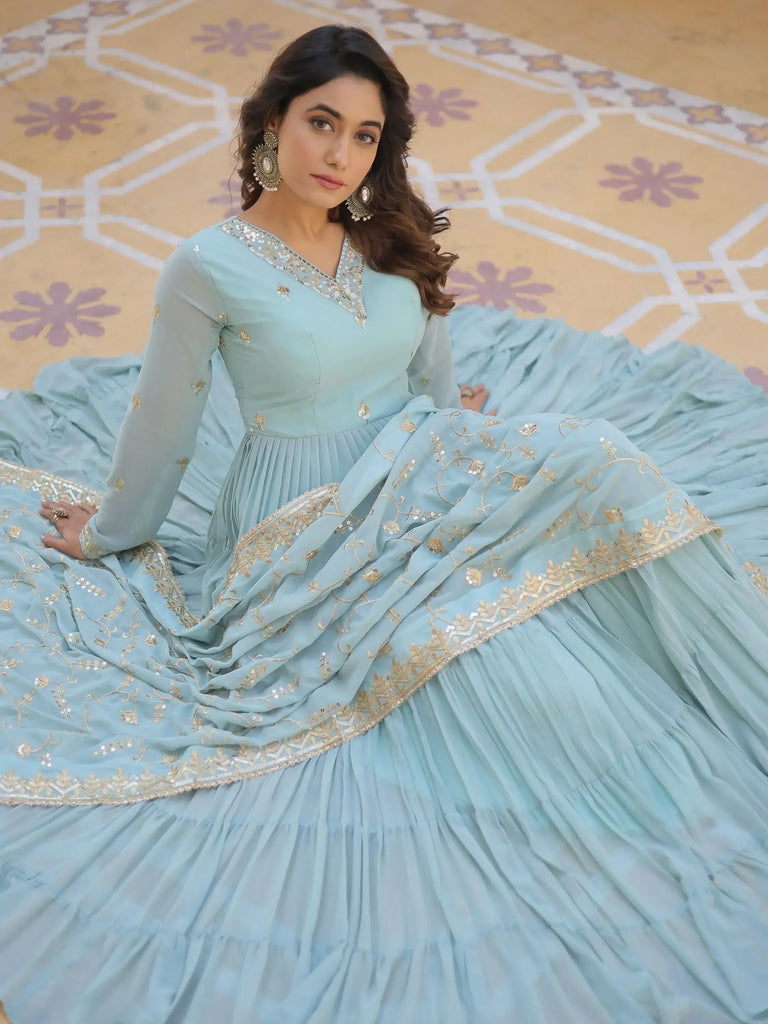 Spectacular Sky-Blue Embroidered Georgette Festival Wear Gown