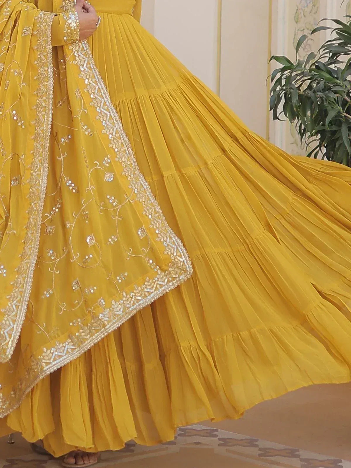Yellow embroidered lehenga choli with pleated skirt and dupatta, Indian ethnic wear